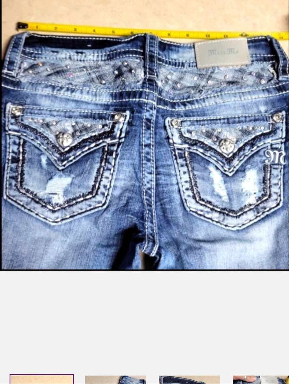 Miss me jeans size 26 mid rise skinny distressed, embellished-blue/silver - Picture 15 of 15